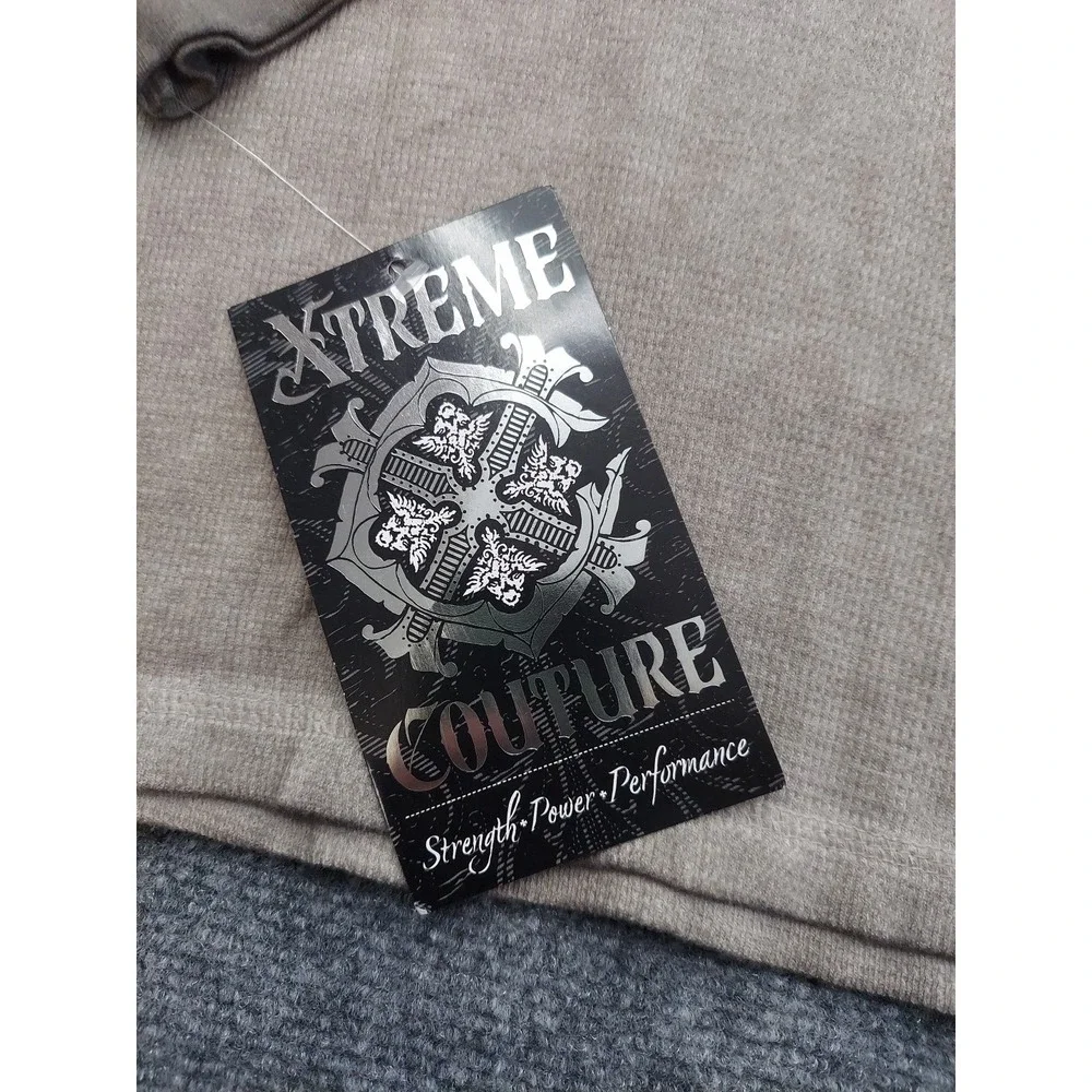 Affliction Xtreme Couture Shirt Men Small‎ Brown Thermal Long Sleeve Skull Cross